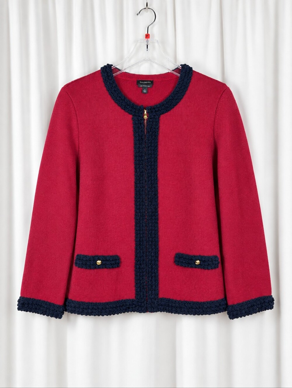 Talbots Merino Wool Deep Red Textired Navy Blue Trim Zip Front  Swetaer Jacket